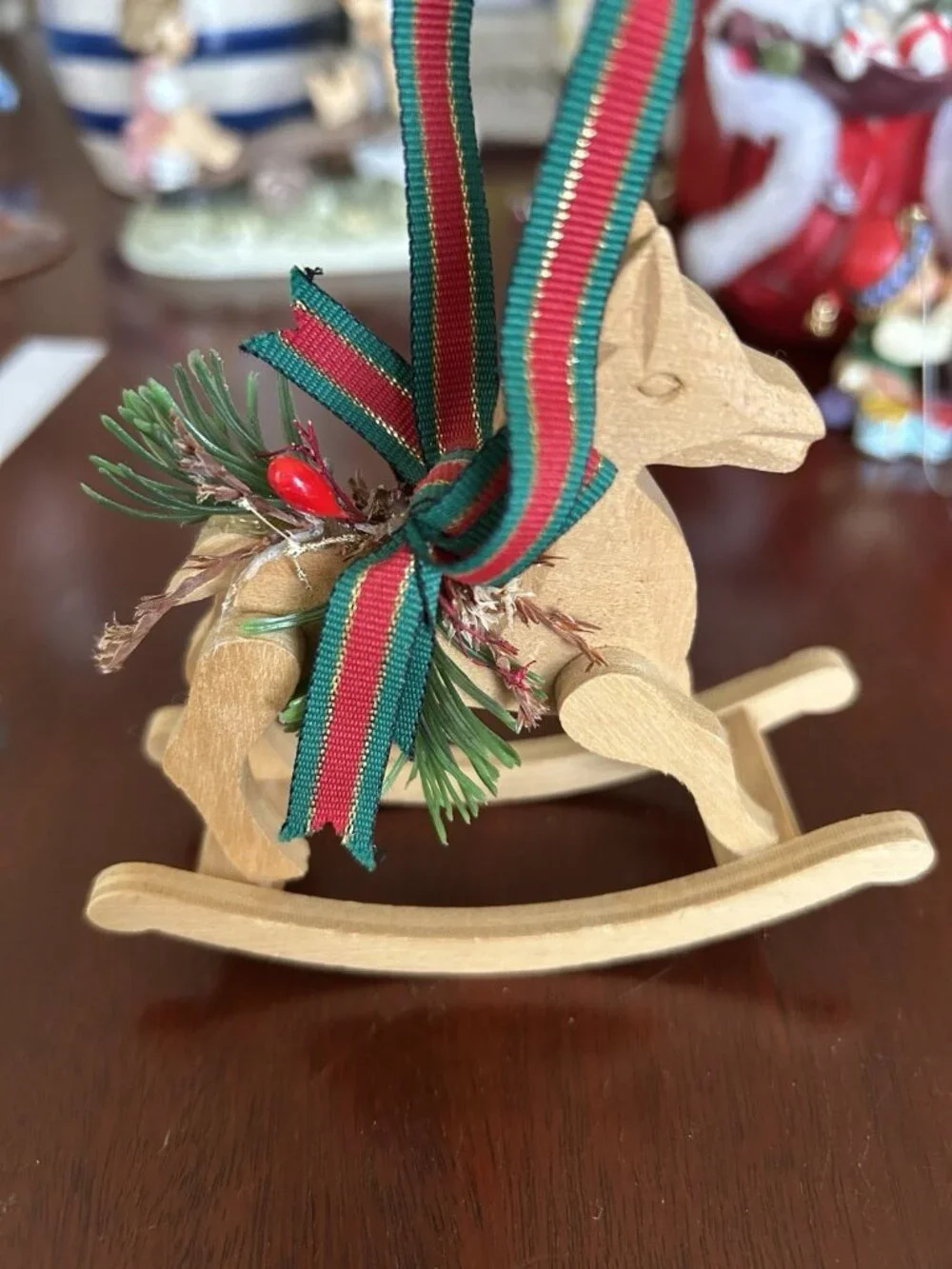 Wood Rocking Horse and Santa Ornaments Set of 2